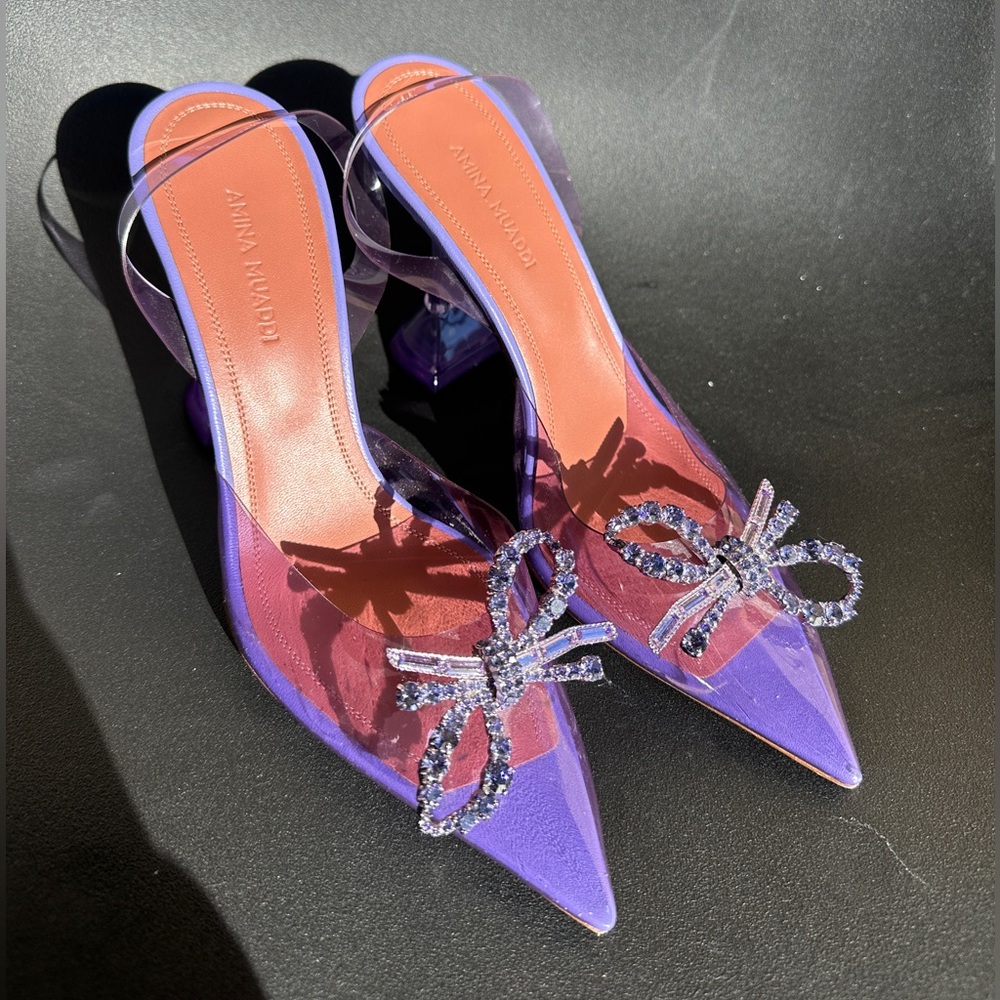 AMINA MUADDI Rosie see-through purple Crystal Embellished Slingback Pumps